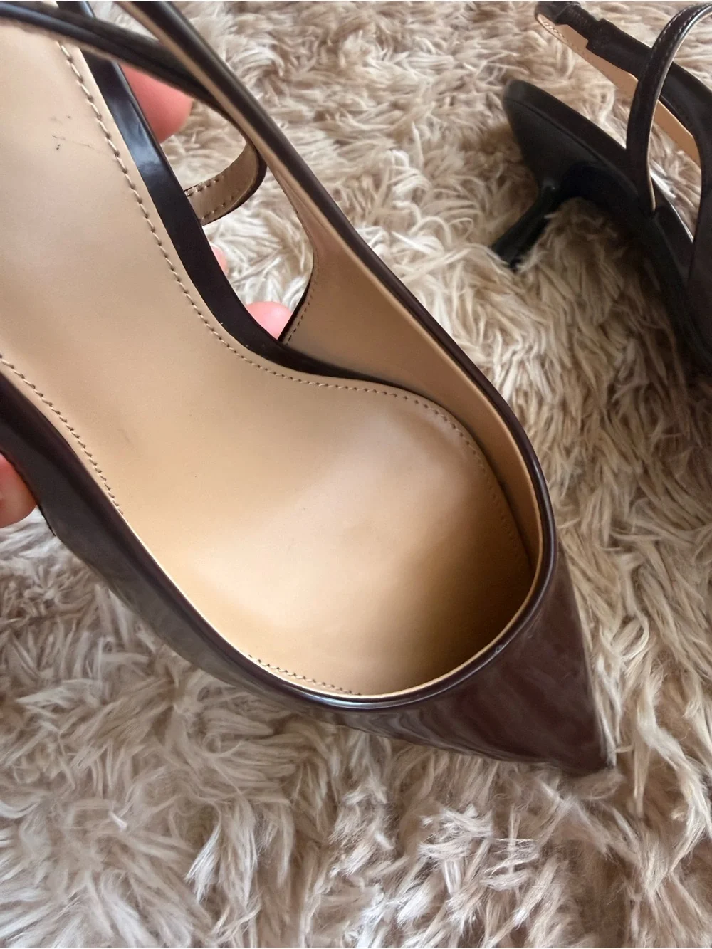 Pointed Patent Slingback Heels in Dark Brown
